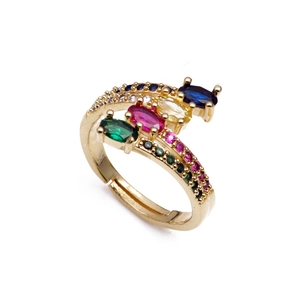 Adjustable gold sunflower ring with colorful marquise-cut zircon stones on white background