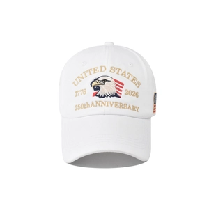 Detailed 3D eagle embroidery on a white cotton baseball cap celebrating 250th anniversary