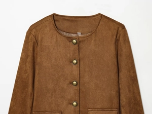 Close-up of brown faux suede jacket featuring vintage bronze metal buttons and soft texture