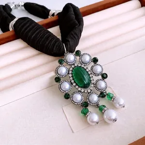 Vintage Baroque Oval Emerald Green Gemstone Pendant Necklace With Imitation Artificial Pearls And Black Chiffon Ribbon For Women