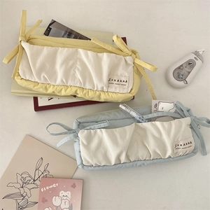 Minimalist large capacity bow pencil bags in yellow and blue quilted cotton fabric