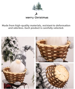 Macro view of Christmas gnome candy basket with grey knitted snowflake patterns and white beard