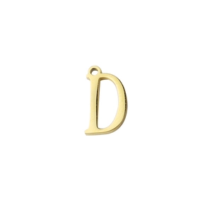 Close-up of a golden stainless steel letter D charm pendant with mirror finish and ring