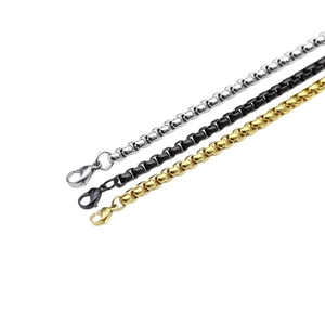 Three-color vacuum plated stainless steel box chains in silver, gold, and black with lobster clasps