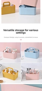 Divided portable storage basket for desktop organization in yellow, pink and blue