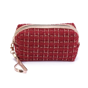Minimalistische rote Tweed Kosmetiktasche mit goldenem Reißverschluss und Tragegriff