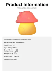 Technical specifications for mushroom night light showing size 9x9.5x7cm and LR44 battery
