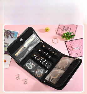 Detail view of foldable jewelry organizer with dedicated ring loops and earring panels