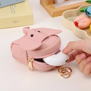 Pink elephant mini leather coin purse and earphone pouch with metal zipper and ring clip
