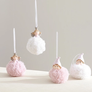 Ornement À Suspendre Ange De Noël Pompon En Peluche Poupée Fille Résine Avec Ailes Couronne Rose Blanc Décoration Arbre