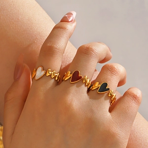Heart Shape Stainless Steel Ring 18K Gold Plated Enamel Fashion Adjustable Open Band Women Jewelry Retro