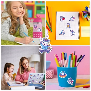 Detail of waterproof unicorn stickers on water bottles, notebooks, and laptops