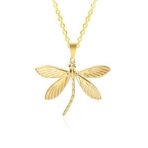 Elegant 18k gold plated stainless steel dragonfly pendant necklace with detailed wings