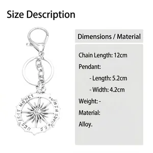 Silver alloy sun wheel pendant keychain with MUNET engraving and 12cm metal chain