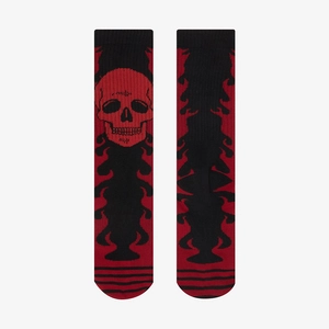Flat lay detail of Gothic crew socks with black red skull and fire flame patterns