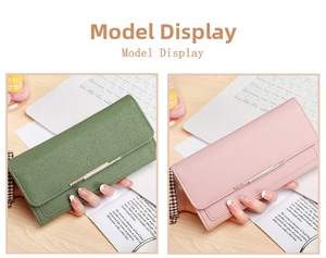 Litchi pattern long leather wallet for women in pale green and soft pink colors