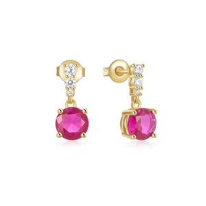 Detail of s925 silver gold-plated earring with red gemstone and white zircon accents