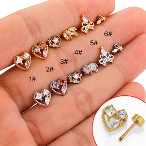 Boucles Doreilles Cartilage Zircon Cuivre Acier Inoxydable Coeur Couronne Forme Geometrique Bouchon A Vis Bijoux Femmes