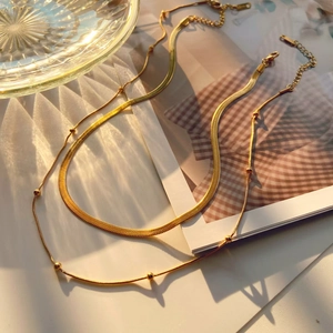 Layered 18K gold-plated stainless steel snake and bead chain necklace for women
