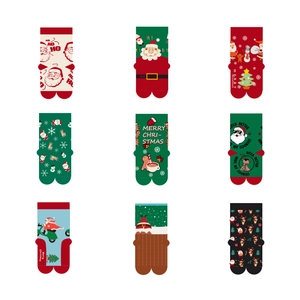 Nine-pack Christmas socks with Santa and Reindeer designs in festive colors