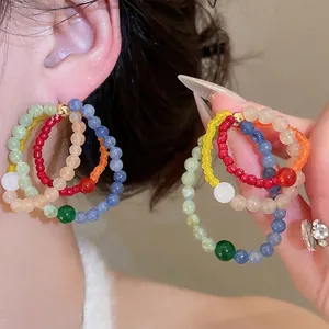 Colorful multi-layer beaded round drop earrings with vibrant stone beads in bohemian style