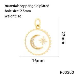 Detail of gold plated star and moon pendant with white enamel and product dimensions