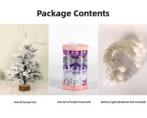 Mini PE flocked Christmas tree set with purple ornaments and LED string lights