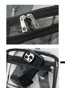 Dettaglio dello zaino in PVC trasparente con doppie cerniere e tasca frontale per cellulare