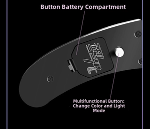 Detail of LED futuristic glasses temple featuring battery slot and mode switch button