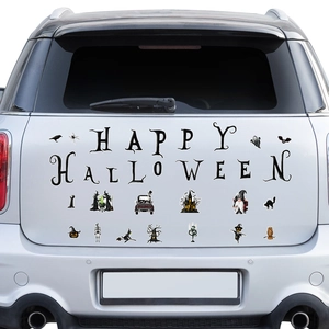 Magnetic Halloween gnome skull decals applied to a silver car garage door for decoration