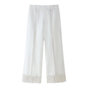 Pantalon Large Femme Taille Haute Patchwork Dentelle Ajourée Pantalon Tissé Décontracté Streetwear Respirant Blanc