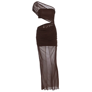 Detail of dark brown one-shoulder mesh dress featuring ruched texture and waist cut-out