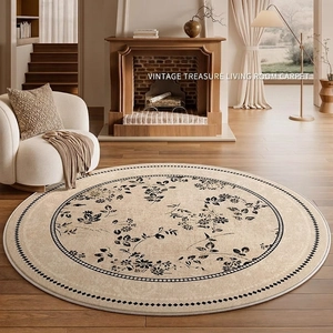 Round French Vintage Floral Carpet Waterproof Non-Slip Stain Resistant Polyester Cotton Blend Rug For Living Room Bedroom
