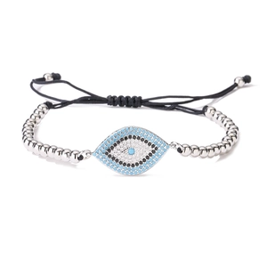 18K gold plated beaded Evil Eye bracelet with blue zircon and adjustable cord