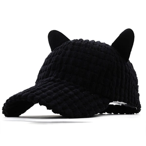 Winter black corduroy cat ear baseball cap with thick warm waffle textured fabric