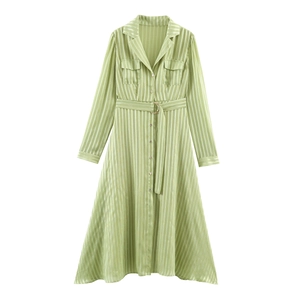 Women Striped Lurex Shirt Dress Long Sleeve Lapel Single Breasted With Belt Elegant Slim Fit Midi Dress