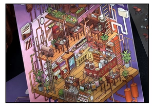 Detailed isometric view of a warm purple miniature coffee shop 2.5D creative sticker