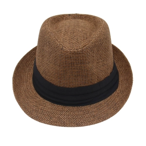 Detailed top view of a brown woven fedora hat with a wide black ribbon on a white background