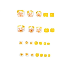 24pcs yellow floral press-on toenails with white and orange summer flower designs