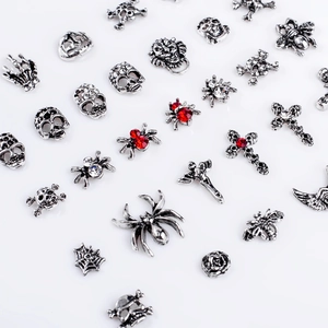 Gothic nail charms set featuring vintage silver metal skulls and spider web designs