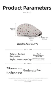 Detailed sizing chart and specifications for the cotton-polyester newsboy cap