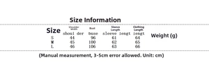 Detailed size chart for solid color casual jacket with specific measurements in cm