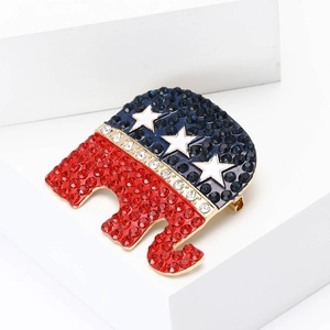 Fashionable golden alloy elephant brooch with red, white, and blue rhinestones for clothes