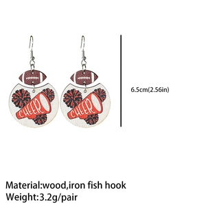 Detail view of wood football cheer earrings with scale ruler and material specs