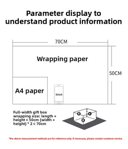 Size guide for wrapping paper 50x70cm showing A4 paper and phone size comparison