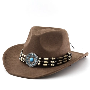 Brown faux suede cowboy hat with turquoise western buckle and wooden bead band