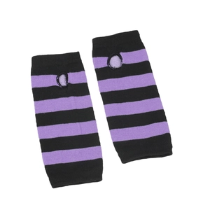 Close-up of striped purple and black knitted fingerless gloves with thumb hole detail