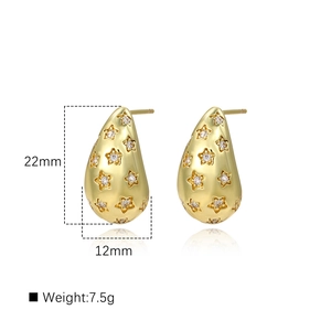 18k gold plated hollow teardrop earrings with star pattern and small sparkling rhinestones