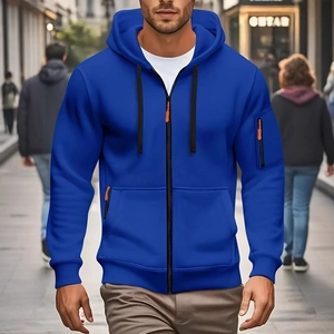 Men's royal blue hooded zip-up sweatshirt with sleeve pocket and orange zipper details