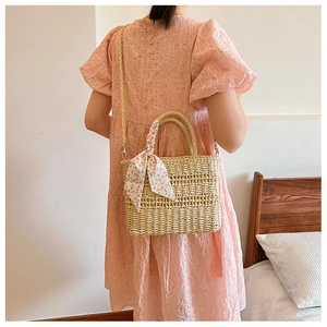Straw handbag in beige with a floral scarf and detachable shoulder strap detail